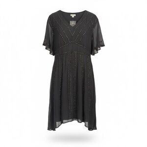 Sundance Crepe Dark Gray Midi Dress with Gold Sequins Empire Waist Sheer Sleeve